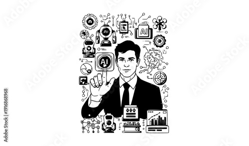 Hand Drawn AI Agent Business Automation Vector Illustration Artificial Intelligence Integration and Digital Workflow Concept