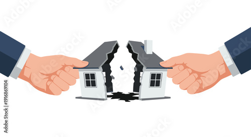 Two hands pulling apart a grey and white house, depicting a property dispute or marital separation.