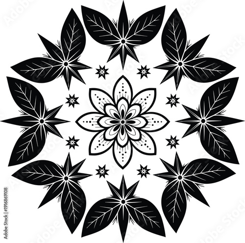 Islamic floral mandala ornament, arabic geometric flower pattern circle design, decorative ramadan element, black white vector illustration artwork