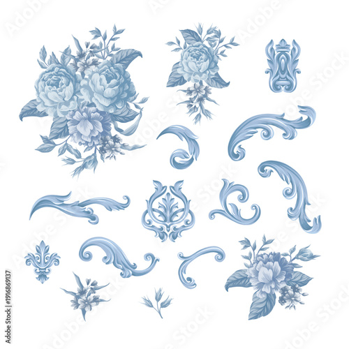Antoinette baroque elements set with blue roses vintage ornamental design collection