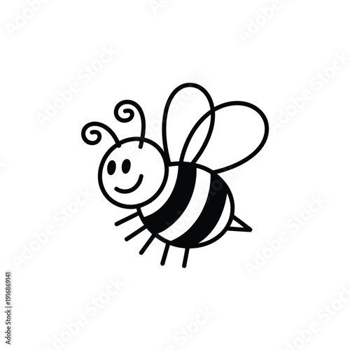 Simple black and white line drawing of a cartoon bee in flight