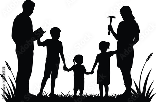 Silhouette of a family of five holding hands with a book and a hammer in a grassy field five people