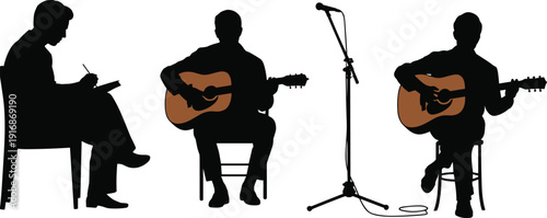 Guitarist musician silhouette set with acoustic guitar and microphone stand, songwriter writing notes, singer performing live music concert, stage performance icons isolated on white.
