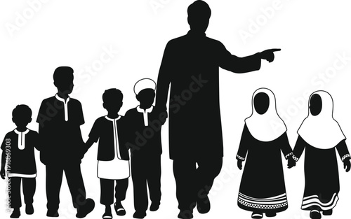Silhouette of a man pointing at a group of children and women in traditional attire