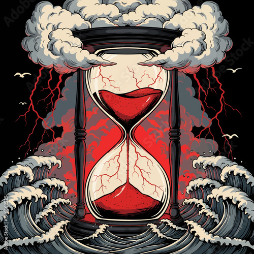 Turbulent waves crash against hourglass with red sand amidst stormy clouds and lightning