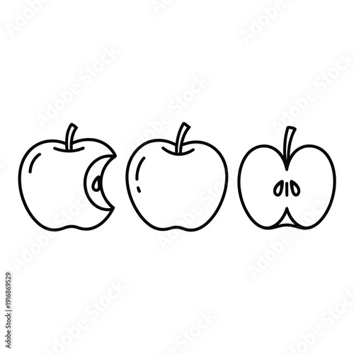 Simple line drawing of three apples one bitten in a row