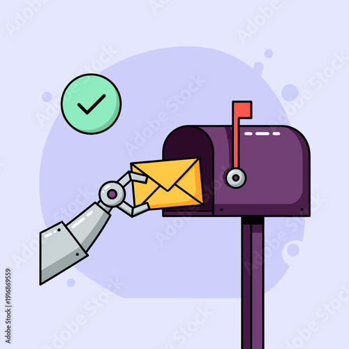 A robotic arm delivers a letter into a purple mailbox with a red flag up and a checkmark above
