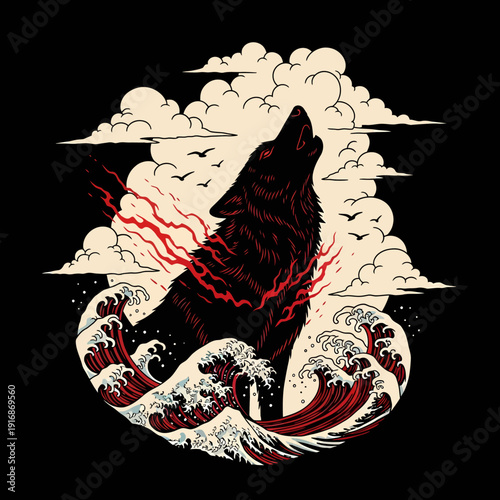 A majestic black wolf howling at the moon surrounded by turbulent waves and dramatic clouds from a unique circular perspective