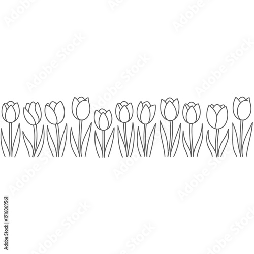 A row of simple black and white tulip illustrations on a white background