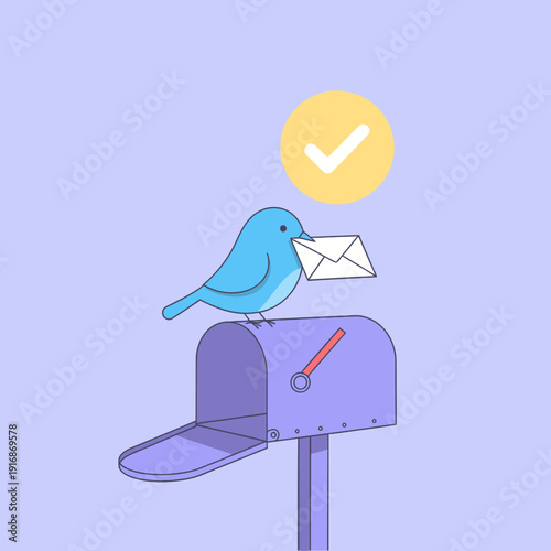 A blue bird perched on a purple mailbox holds an envelope with a checkmark above