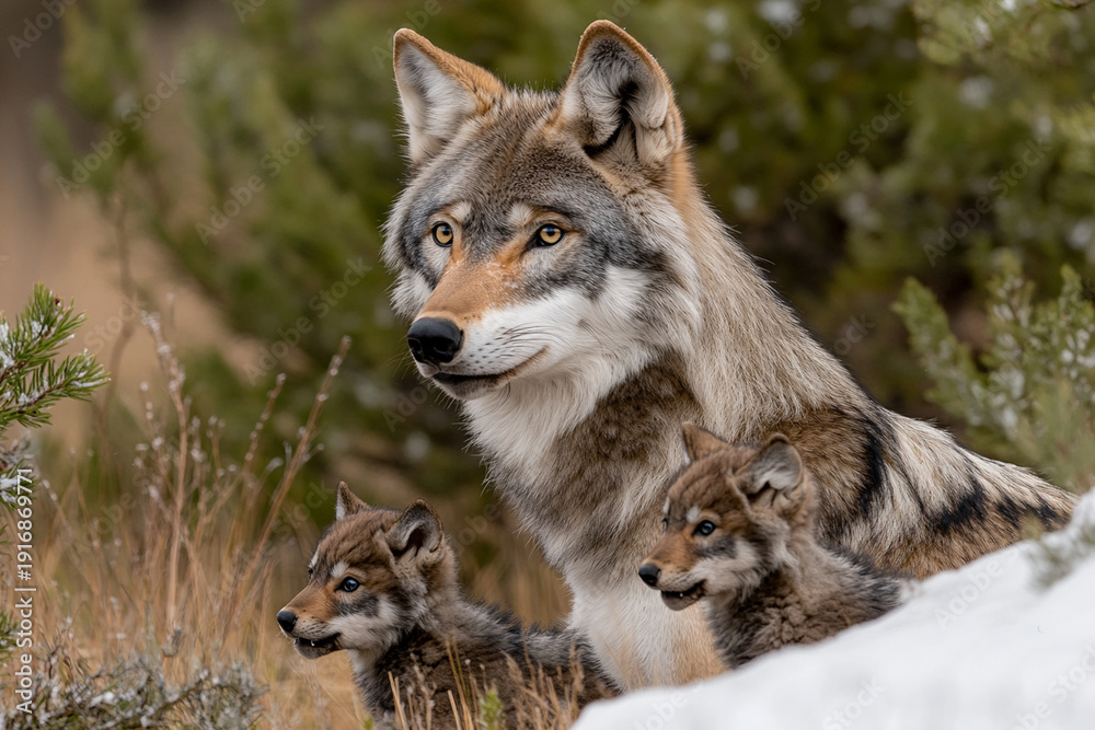 Fototapeta premium Wolf pack instructs their pups on hunting techniques in the wilderness