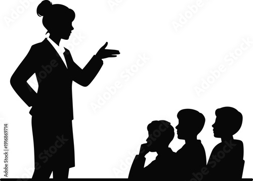Silhouette of a woman in a suit gesturing while three people sit and listen attentively gesture 1