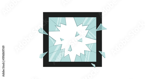 Broken square window with shattered glass fragments exploding outwards from the center on a white background.