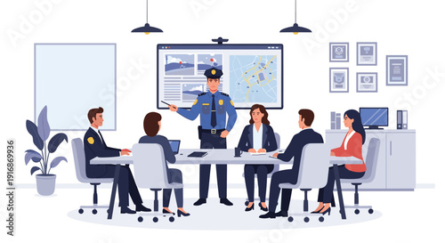 Police officer in uniform presenting a strategy on a large screen to five colleagues during a conference room meeting.