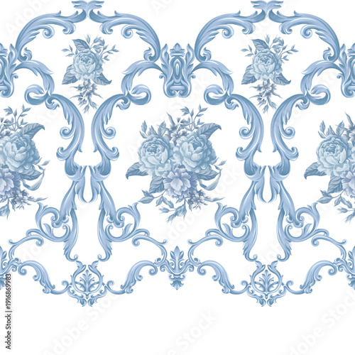 Antoinette baroque border pattern with blue roses vintage ornamental wallpaper design