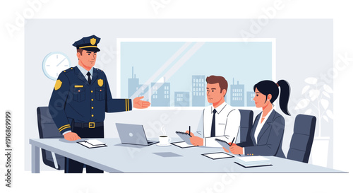 Police officer in uniform standing and addressing two civilian colleagues, a man and a woman, during an office meeting.