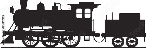 Old steam locomotive silhouette illustration, vintage train engine with coal tender wagon, classic railway transport design, black isolated retro steam train on white background.