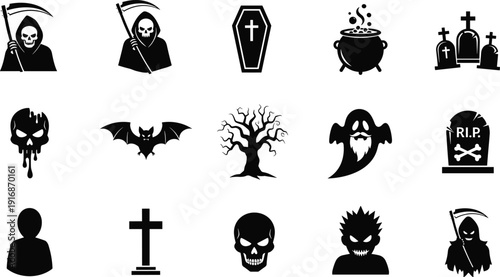 Halloween horror icon set, grim reaper skull ghost coffin gravestone silhouettes, spooky black vector illustration collection for dark gothic design
