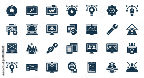 A collection of various icons representing business and technology concepts on a white background