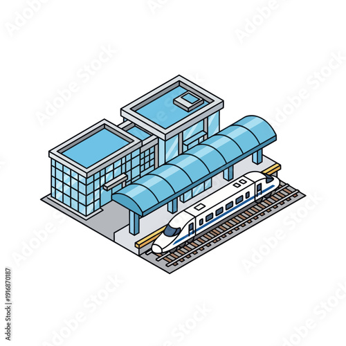 Isometric Illustration of Modern Train Station Building.
