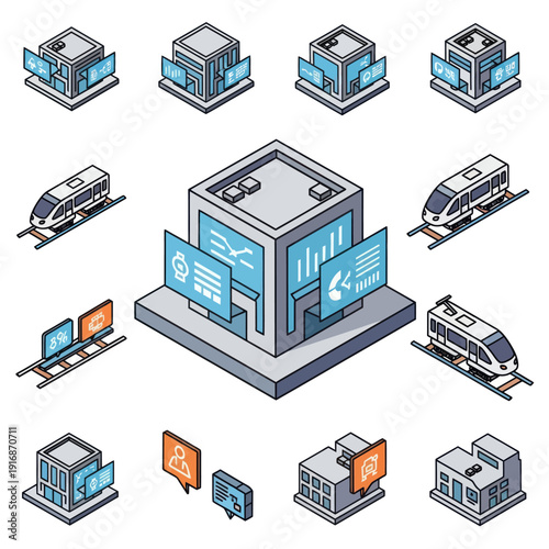 Isometric Train Station with Various Transportation Modes.