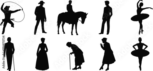 Vintage people silhouette set with cowboy, lasso rider, horseman, ballerina dancer, elderly woman and gentleman characters, black human figure collection isolated on white.