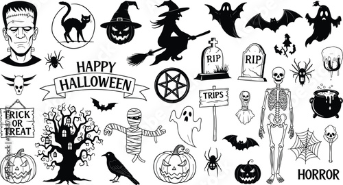 Halloween horror vector collection, spooky witch pumpkin skeleton ghost bat graveyard icons set for trick or treat design
