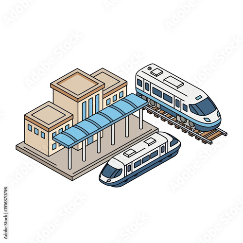 Modern Train Station with Trains and Buildings.