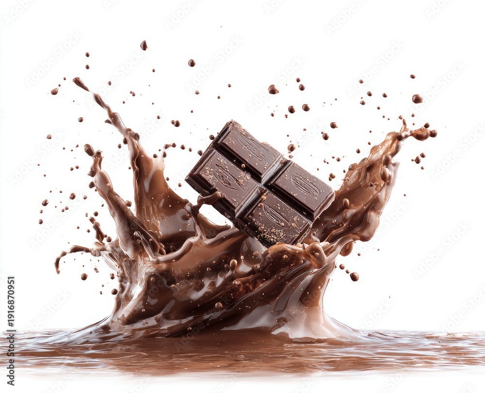 Fototapeta premium Rich, dark chocolate bar splashes into a decadent, liquid chocolate wave
