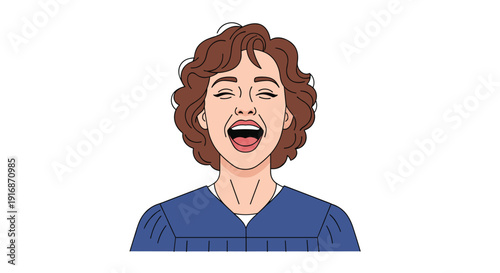 A cartoon illustration of a young woman with curly brown hair laughing with her mouth wide open, wearing a blue graduation gown.