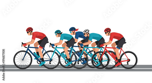 Five male cyclists in colorful helmets and athletic gear racing on bicycles in a single file line on a grey road.