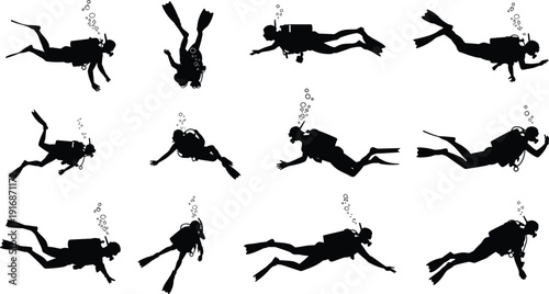 Silhouettes of scuba divers in various underwater positions with bubbles black