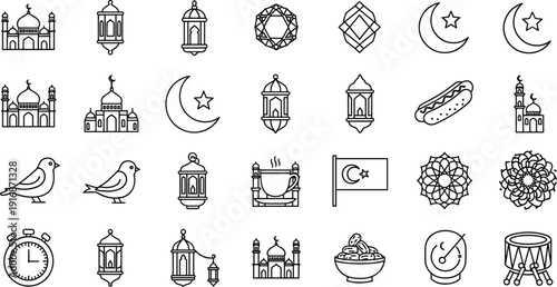 Ramadan islamic icon mega set, mosque lantern crescent mandala flag food birds clock drum, arabic line art vector collection