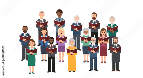 A large diverse choir consisting of men and women of all ages singing together while holding individual songbooks.
