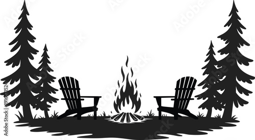 Two Adirondack Chairs Facing a Campfire Surrounded by Tall Pine Trees in a Black and White Silhouette