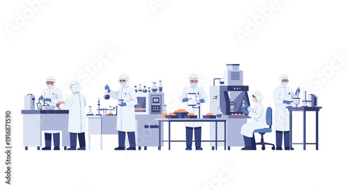 A team of scientists in full protective cleanroom suits and gear working with various equipment in a modern laboratory.