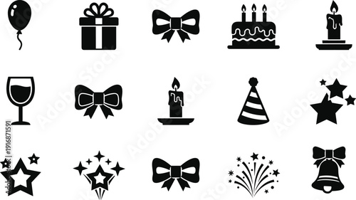 Party celebration silhouette icon set, birthday cake candle gift balloon fireworks wine glass vector collection for festive event design