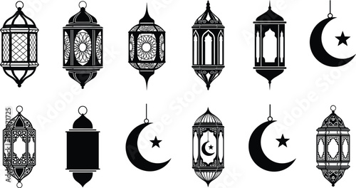 Ramadan islamic lantern silhouette set, crescent moon star arabic decorative hanging lights, ramadan kareem vector icon collection