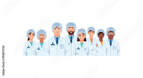 A diverse group of male and female scientists wearing lab coats, safety glasses, and hairnets, standing together.