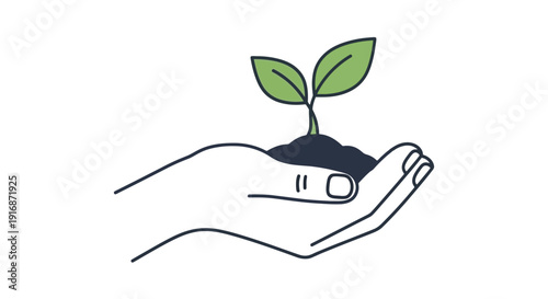 Hand holding a small green plant seedling in soil.