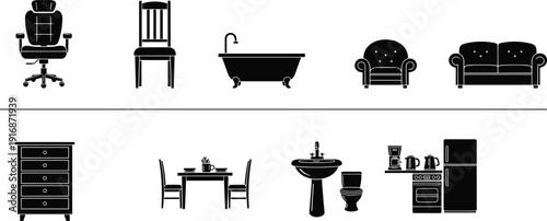 Black furniture and home appliance icons set, including chairs, sofa, bathtub, sink, kitchen equipment and cabinet silhouettes isolated on light background