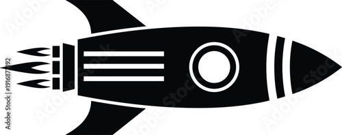 Black rocket ship silhouette icon with launch flames and circular window, space exploration symbol isolated on light background for startup and innovation design