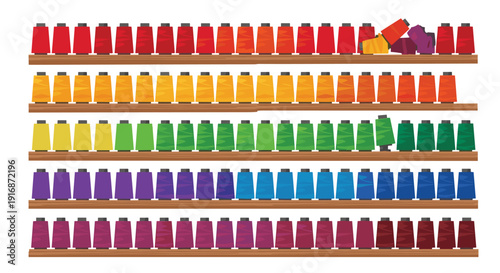 Numerous colorful spools of thread displayed on wooden shelves, with some spools slightly dislodged or fallen.