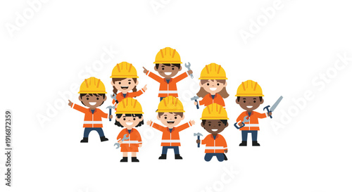Diverse group of young children dressed as construction workers wearing hard hats and holding various tools.