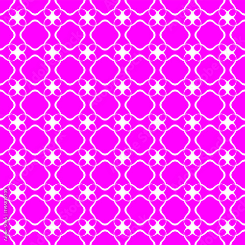 Bright pink seamless geometric pattern with repeating rounded square and floral line art elements. Quatrefoil Diamond Motifs in Grid for Decorative, Textile