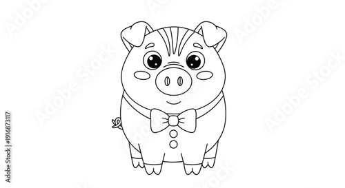 Cute little pig wearing a formal suit and a bowtie coloring page for kids school activities and animal farm theme crafts.