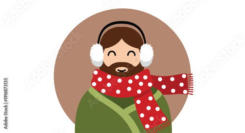 Friendly man with a beard wearing a green winter coat, red polka dot scarf, and fluffy white earmuffs for cold weather themes.
