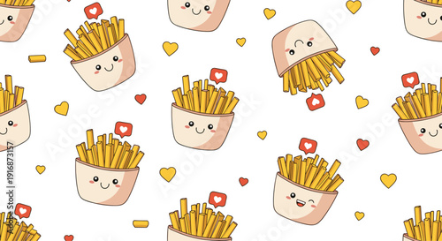 Adorable seamless background pattern of smiling French fries boxes and hearts for fast food restaurant and snack bar decor.