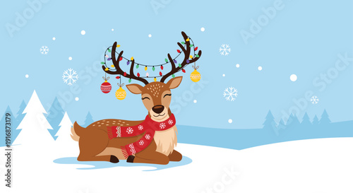 Beautiful reindeer with a red scarf and colorful holiday lights on its antlers lying in a snowy winter landscape with trees.