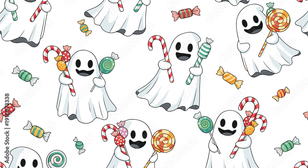 Obraz premium Playful ghosts holding lollipops and candy canes in a seamless pattern design capture a fun and non-scary spirit for halloween celebrations.